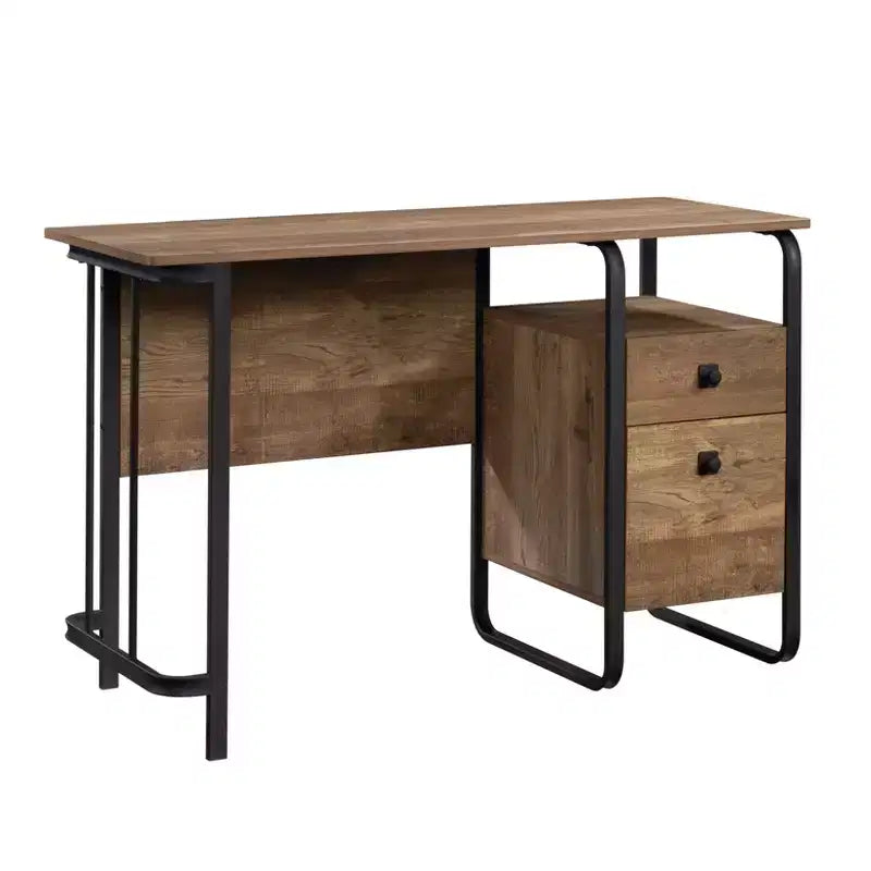 47 Inch Industrial Computer Desk - 2 Drawers, 1 Open Shelf, Metal Frame, Oak Finish
