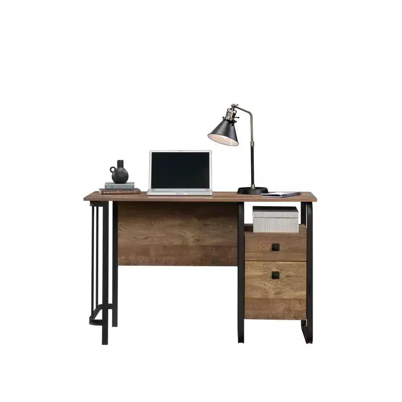 47 Inch Industrial Computer Desk - 2 Drawers, 1 Open Shelf, Metal Frame, Oak Finish