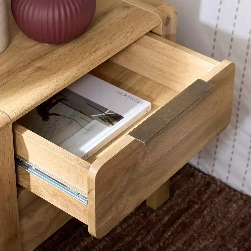 2 Drawer Nightstand - Oak/Brass, MDF, 19.7x19.7x15.7 Inch