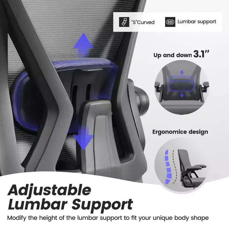 Ergonomic Mesh Office Chair - Adjustable Lumbar, Armrests, 330 lb, 90-120° Tilt, Black