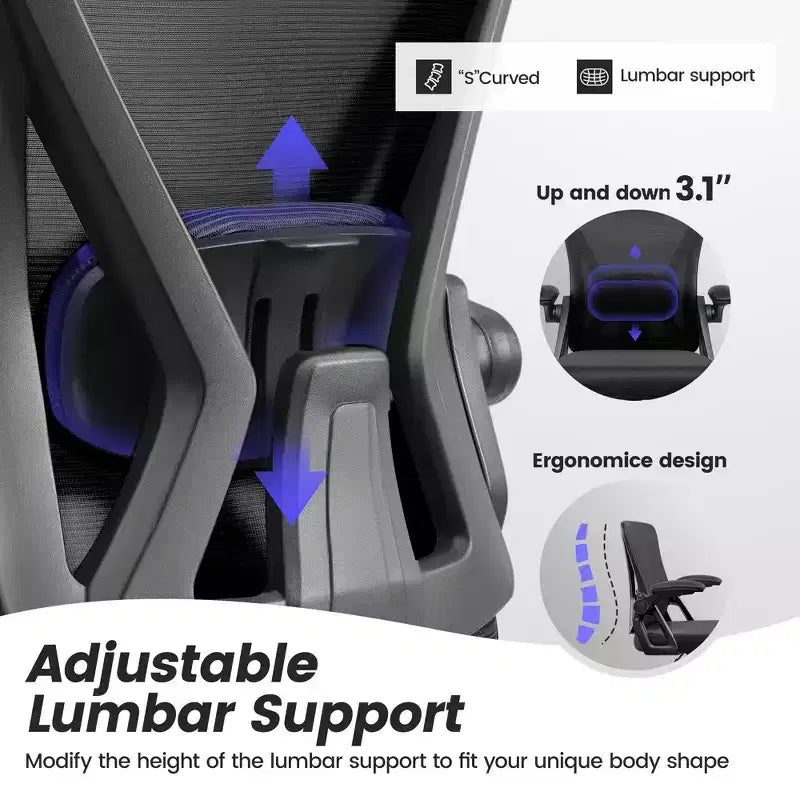 Ergonomic Mesh Office Chair - Adjustable Lumbar, Armrests, 330 lb, 90-120° Tilt, Black