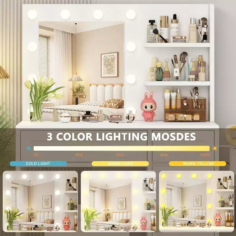Vanity Desk with LED Lights and Power Outlet - 3 Lighting Modes, Adjustable Brightness, Drawer Storage Shelves