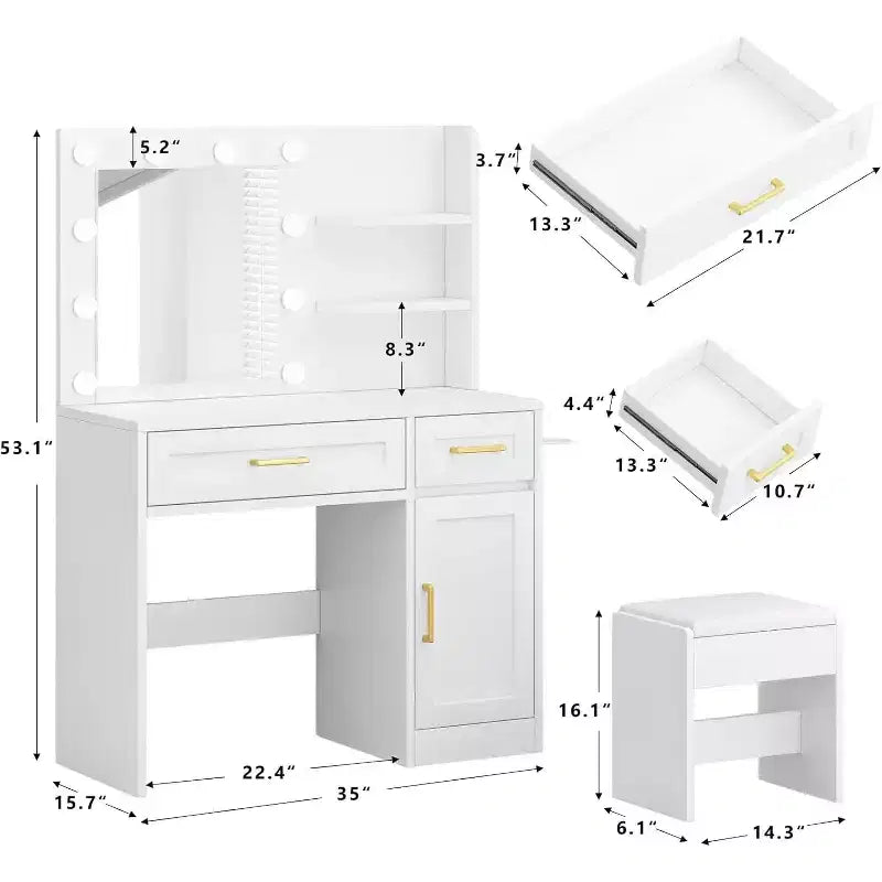 Vanity Desk with LED Lights and Power Outlet - 3 Lighting Modes, Adjustable Brightness, Drawer Storage Shelves