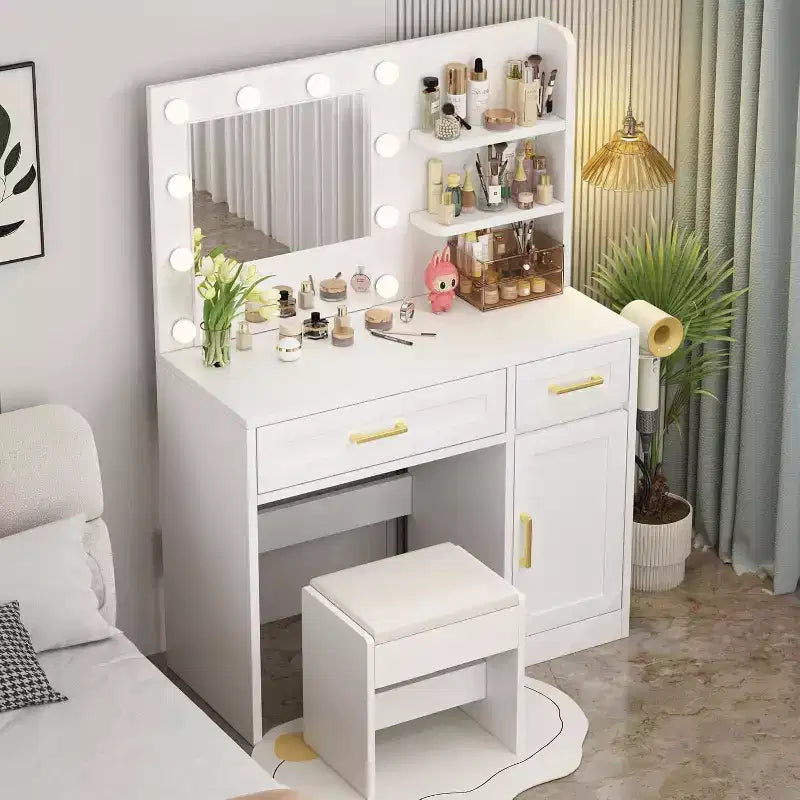 Vanity Desk with LED Lights and Power Outlet - 3 Lighting Modes, Adjustable Brightness, Drawer Storage Shelves