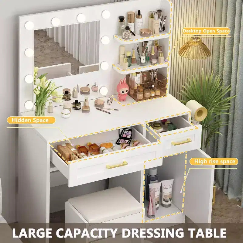 Vanity Desk with LED Lights and Power Outlet - 3 Lighting Modes, Adjustable Brightness, Drawer Storage Shelves