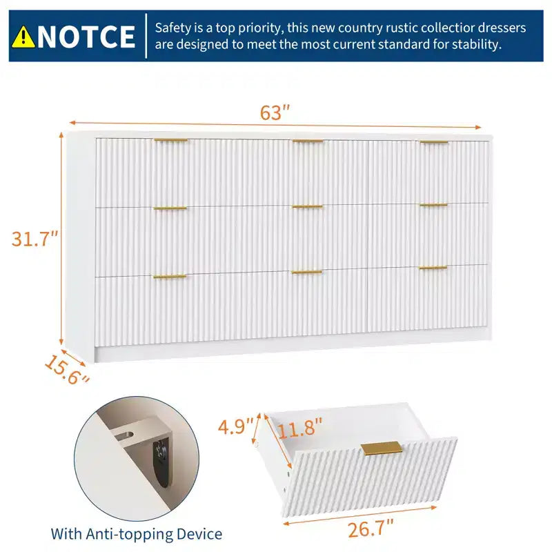 White 9 Drawer Dresser for Bedroom, 63 Wide Fluted Dresser with Smooth Slides, Modern Chest of Drawers with Golden Handles for Bedroom