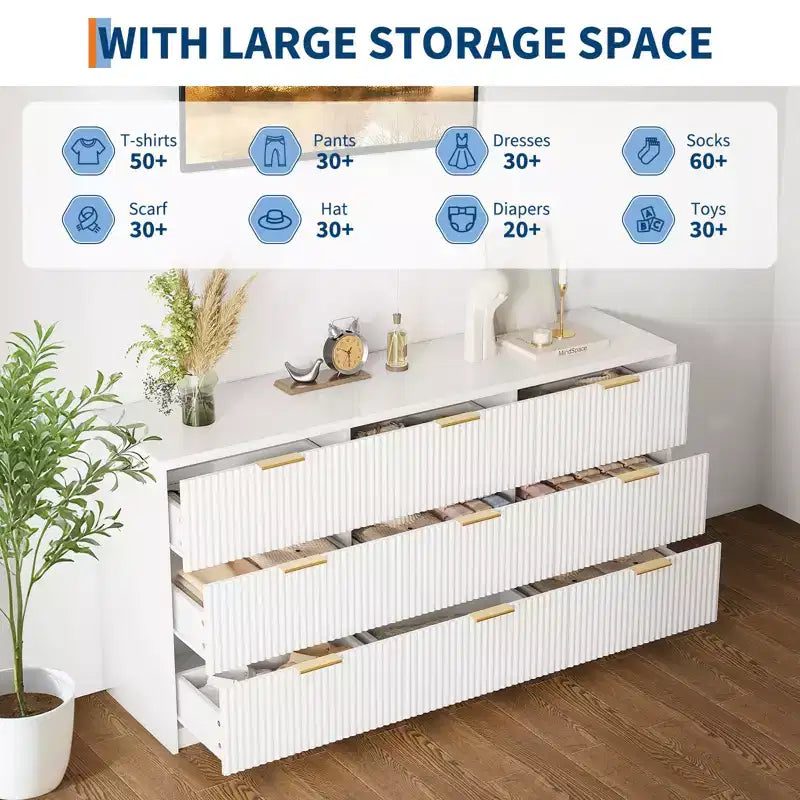 White 9 Drawer Dresser for Bedroom, 63 Wide Fluted Dresser with Smooth Slides, Modern Chest of Drawers with Golden Handles for Bedroom