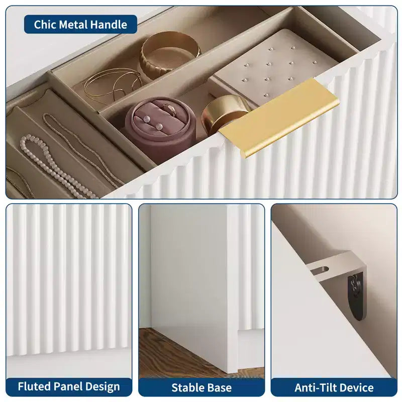 White 9 Drawer Dresser for Bedroom, 63 Wide Fluted Dresser with Smooth Slides, Modern Chest of Drawers with Golden Handles for Bedroom