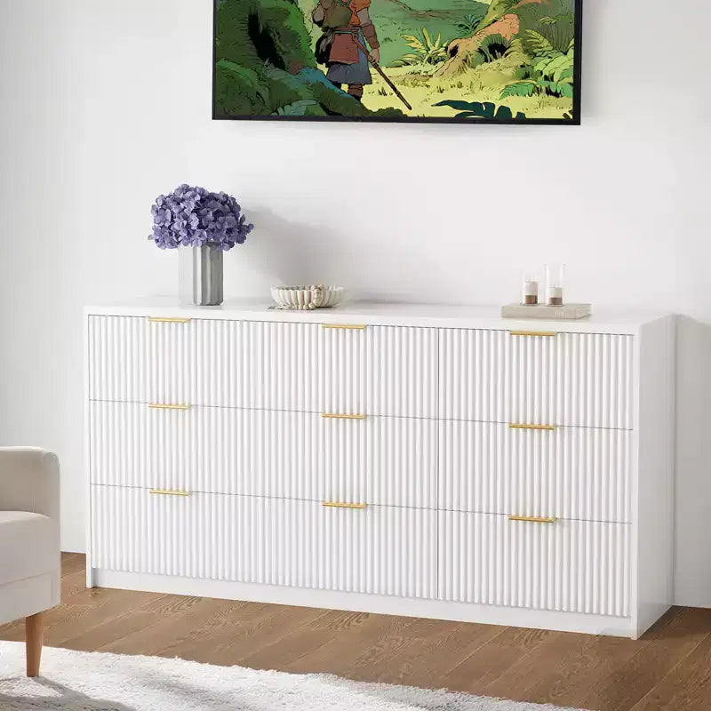 White 9 Drawer Dresser for Bedroom, 63 Wide Fluted Dresser with Smooth Slides, Modern Chest of Drawers with Golden Handles for Bedroom