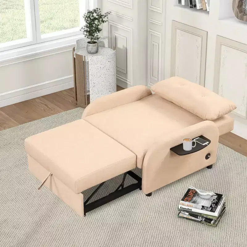 Pull-Out Sofa Sleeper 3-in-1 with Charging Station for Living Room or Recreation Room - Beige