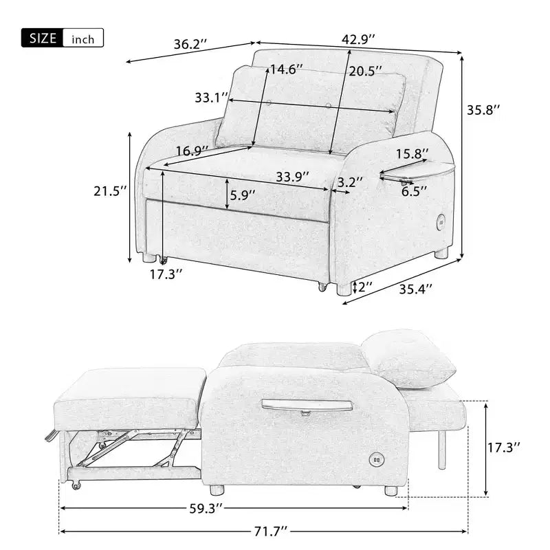 Pull-Out Sofa Sleeper 3-in-1 with Charging Station for Living Room or Recreation Room - Beige