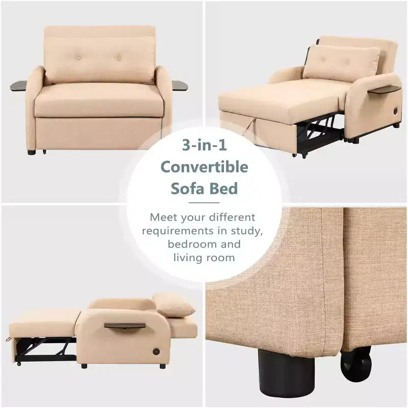 Pull-Out Sofa Sleeper 3-in-1 with Charging Station for Living Room or Recreation Room - Beige