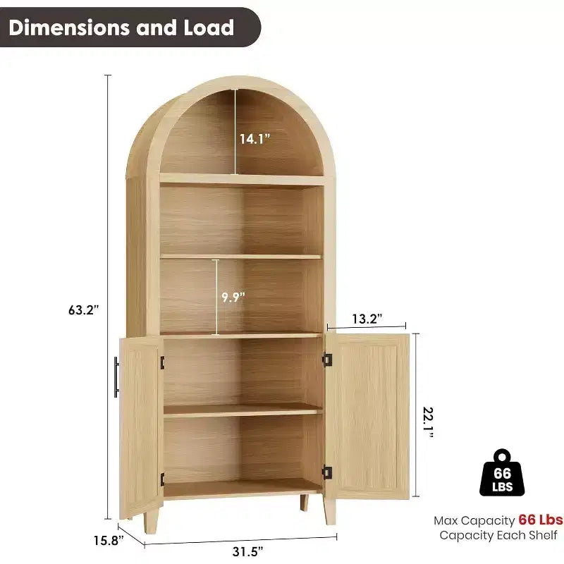 Arched 5-Tier Bookshelf with Doors  Modern Display Shelf with Rattan Details, Storage Cabinet for Home Office, Living Room, or Library