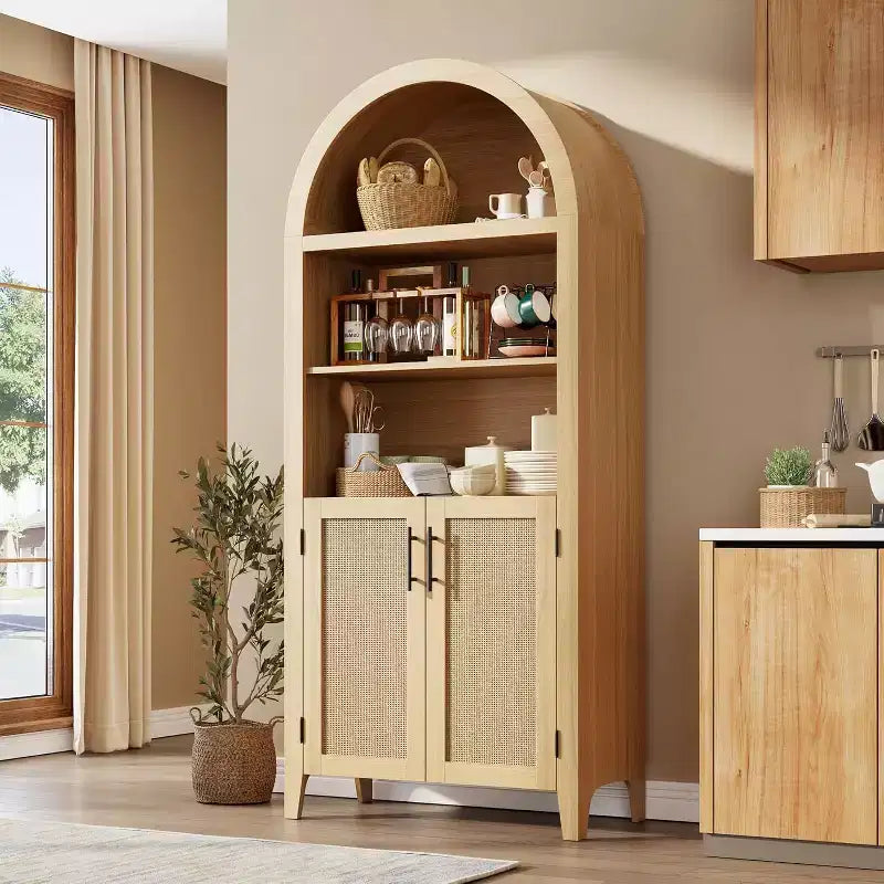 Arched 5-Tier Bookshelf with Doors  Modern Display Shelf with Rattan Details, Storage Cabinet for Home Office, Living Room, or Library