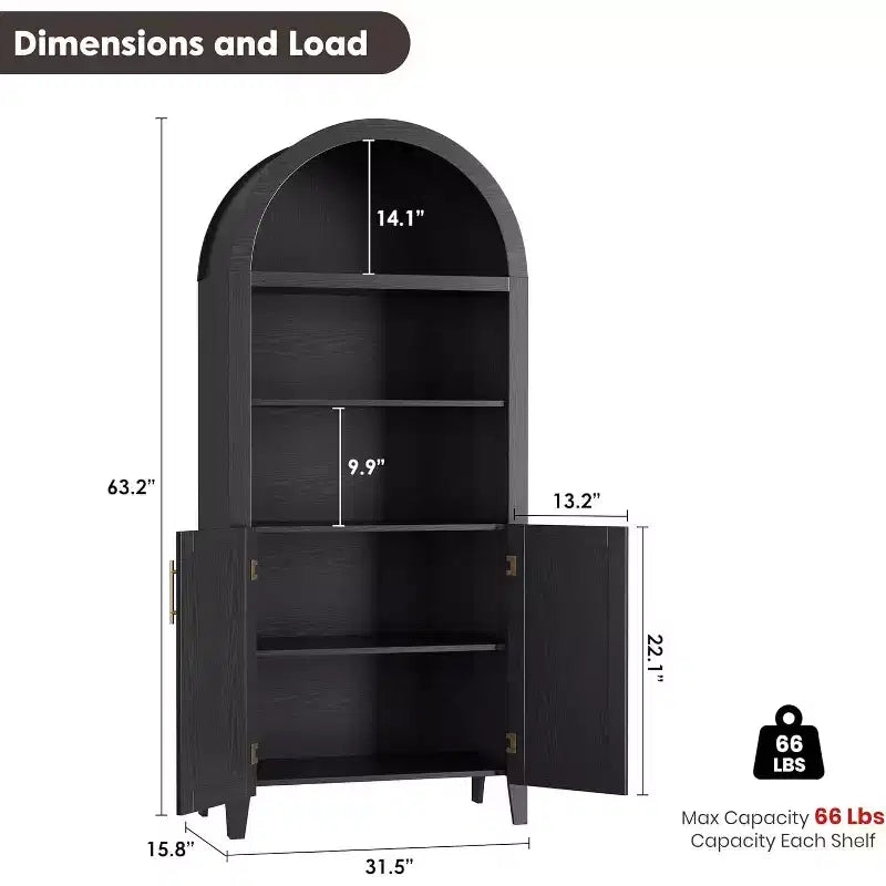Arched 5-Tier Bookshelf with Doors  Modern Display Shelf with Rattan Details, Storage Cabinet for Home Office, Living Room, or Library