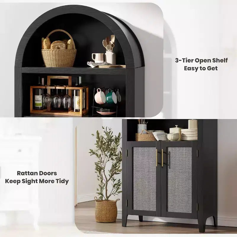 Arched 5-Tier Bookshelf with Doors  Modern Display Shelf with Rattan Details, Storage Cabinet for Home Office, Living Room, or Library