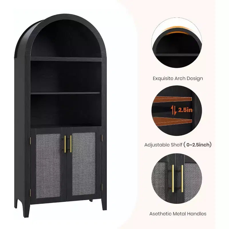 Arched 5-Tier Bookshelf with Doors  Modern Display Shelf with Rattan Details, Storage Cabinet for Home Office, Living Room, or Library