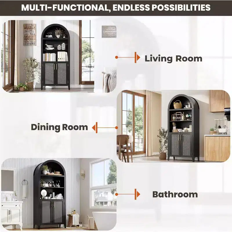 Arched 5-Tier Bookshelf with Doors  Modern Display Shelf with Rattan Details, Storage Cabinet for Home Office, Living Room, or Library
