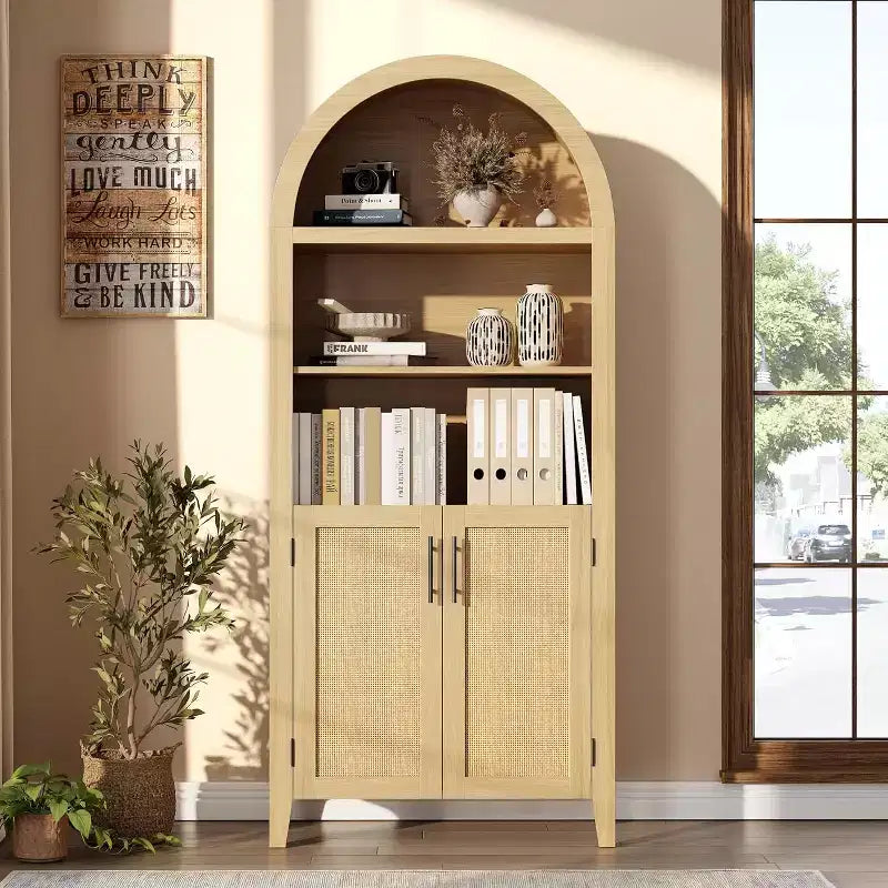 Arched 5-Tier Bookshelf with Doors  Modern Display Shelf with Rattan Details, Storage Cabinet for Home Office, Living Room, or Library