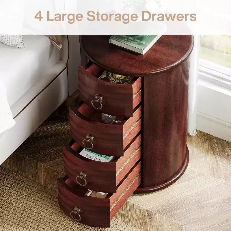 Solid Wood Round Nightstand with 4 Drawers - Rustic Tall Bedside Table, No Assembly Required