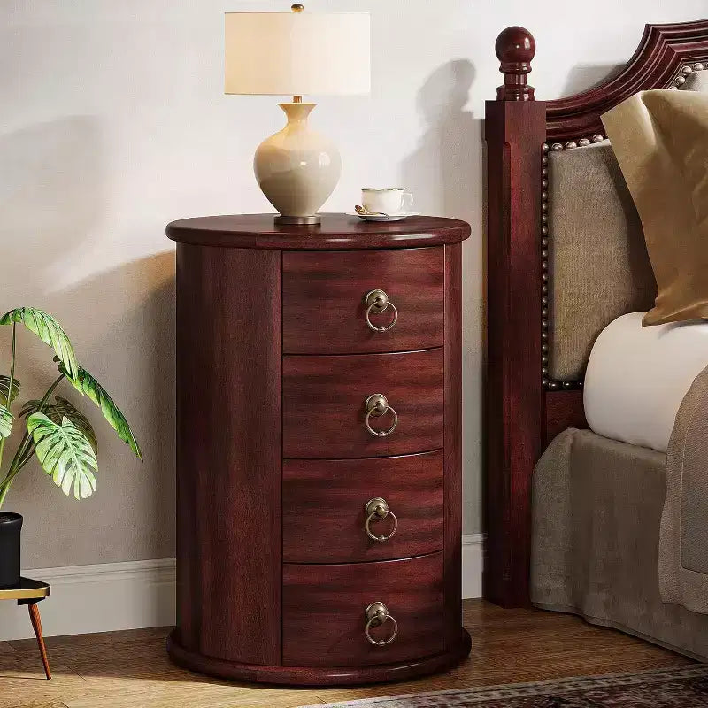 Solid Wood Round Nightstand with 4 Drawers - Rustic Tall Bedside Table, No Assembly Required