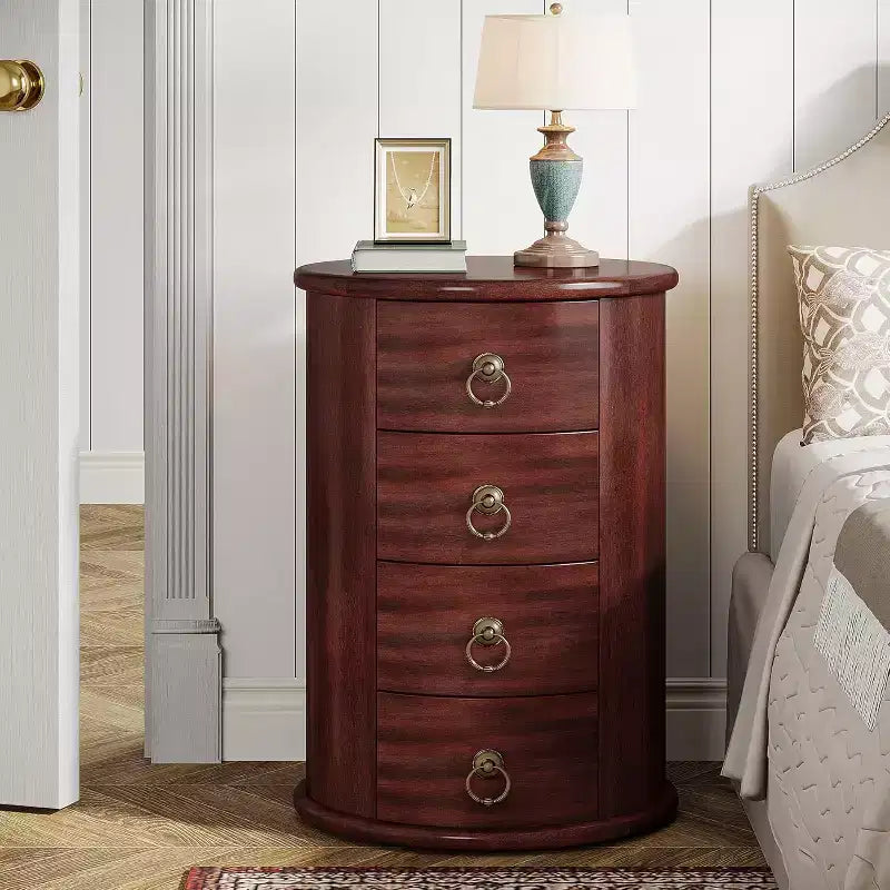 Solid Wood Round Nightstand with 4 Drawers - Rustic Tall Bedside Table, No Assembly Required