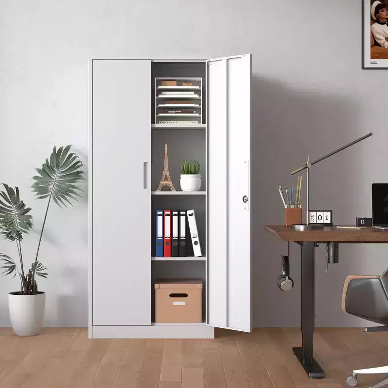 71" Metal Garage Storage Cabinet - White Lockable Steel Cabinet with 3 Adjustable Shelves, Anti-Tip