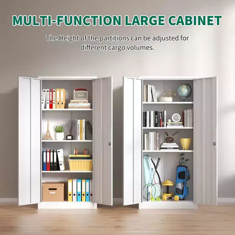 71" Metal Garage Storage Cabinet - White Lockable Steel Cabinet with 3 Adjustable Shelves, Anti-Tip