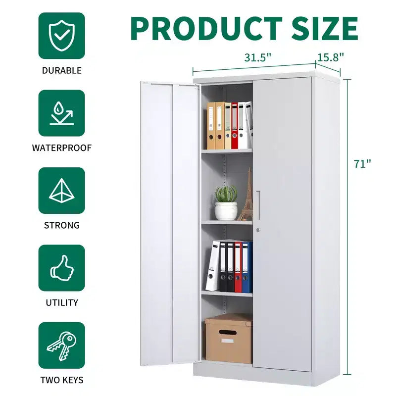 71" Metal Garage Storage Cabinet - White Lockable Steel Cabinet with 3 Adjustable Shelves, Anti-Tip
