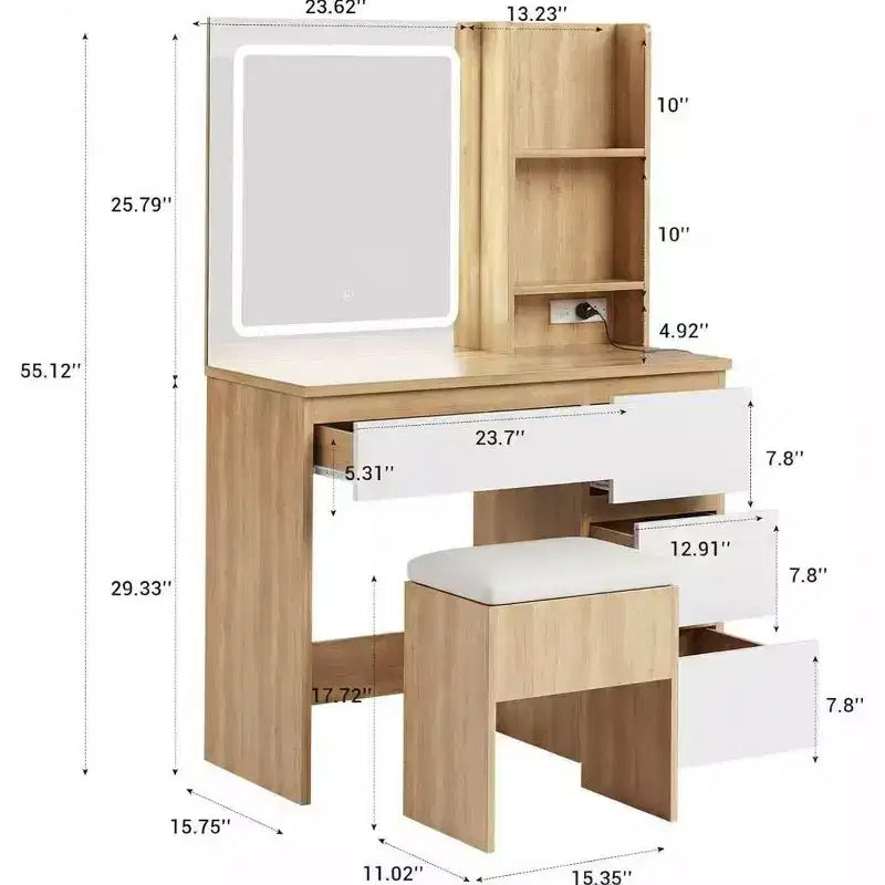 Vanity Desk with Mirror, Modern Makeup Dressing Table, Storage Stool, 4 Drawers, Vanities with Vanity Mirror