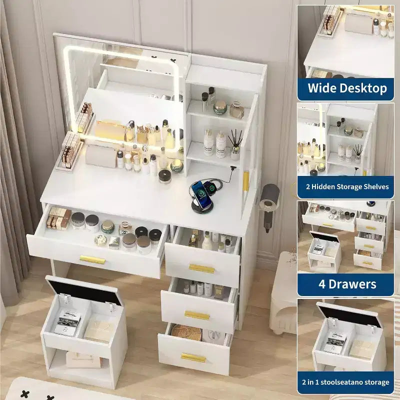 Vanity Desk with Mirror, Modern Makeup Dressing Table, Storage Stool, 4 Drawers, Vanities with Vanity Mirror