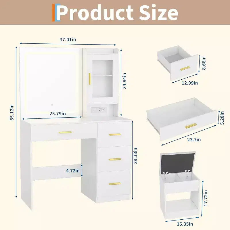 Vanity Desk with Mirror, Modern Makeup Dressing Table, Storage Stool, 4 Drawers, Vanities with Vanity Mirror