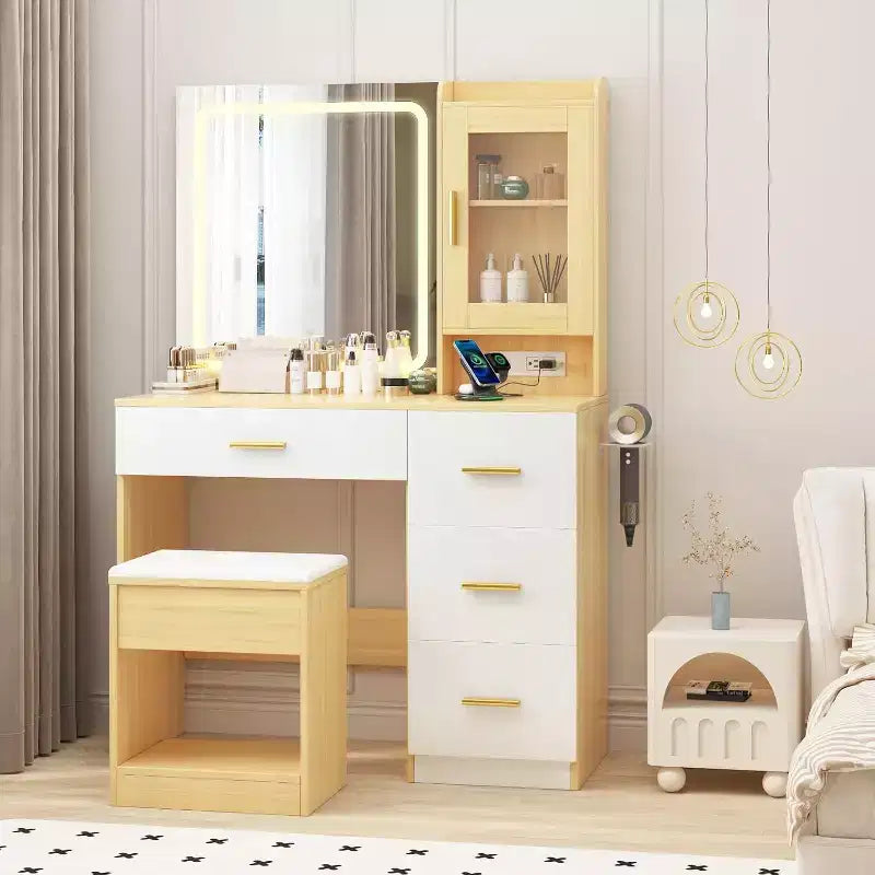 Vanity Desk with Mirror, Modern Makeup Dressing Table, Storage Stool, 4 Drawers, Vanities with Vanity Mirror