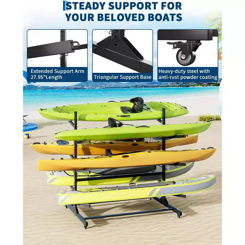 3-Layer Heavy Duty Kayak Storage Rack - Double-Sided Steel Stand for Garage, Dock, Shed