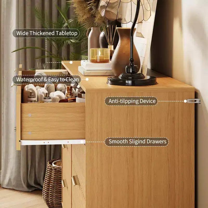 Modern Wood Dresser with 8 Fluted Drawers, Large Storage Chest with Metal Handles, Anti-Tip Bedroom Dresser for Bedroom, Living Room, Hallway