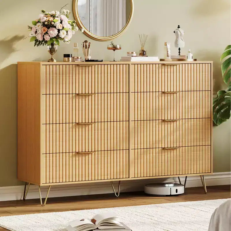 Modern Wood Dresser with 8 Fluted Drawers, Large Storage Chest with Metal Handles, Anti-Tip Bedroom Dresser for Bedroom, Living Room, Hallway