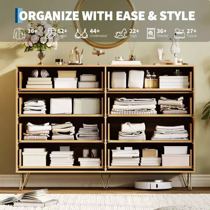 Modern Wood Dresser with 8 Fluted Drawers, Large Storage Chest with Metal Handles, Anti-Tip Bedroom Dresser for Bedroom, Living Room, Hallway