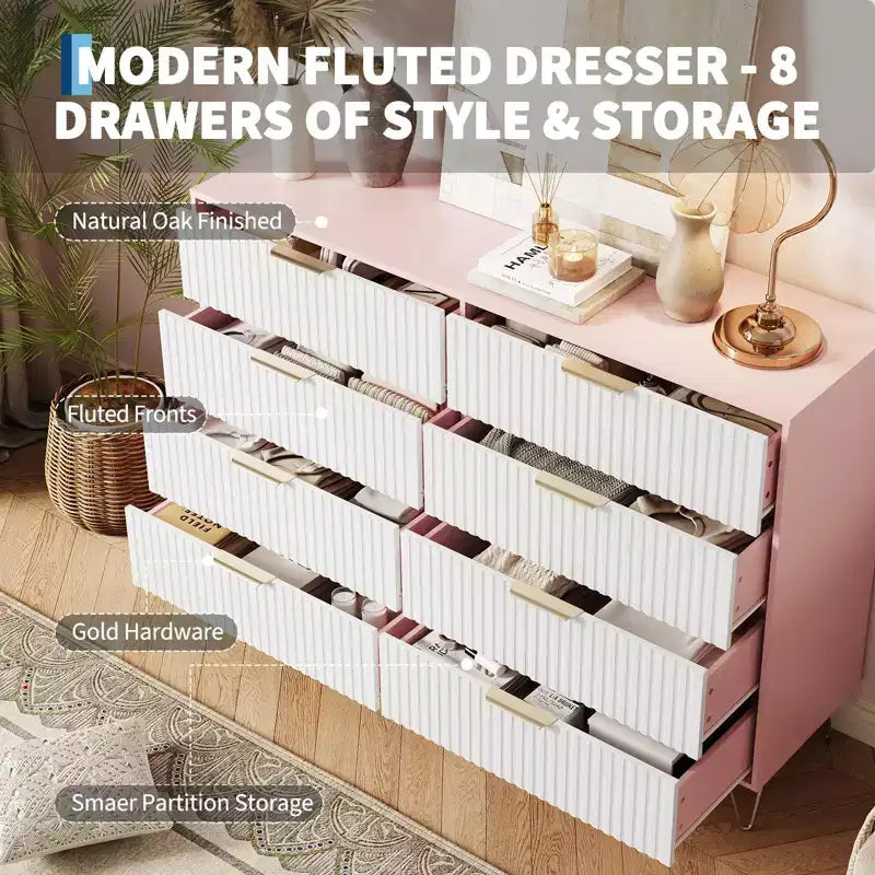 Modern Wood Dresser with 8 Fluted Drawers, Large Storage Chest with Metal Handles, Anti-Tip Bedroom Dresser for Bedroom, Living Room, Hallway