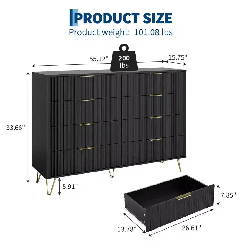 Modern Wood Dresser with 8 Fluted Drawers, Large Storage Chest with Metal Handles, Anti-Tip Bedroom Dresser for Bedroom, Living Room, Hallway