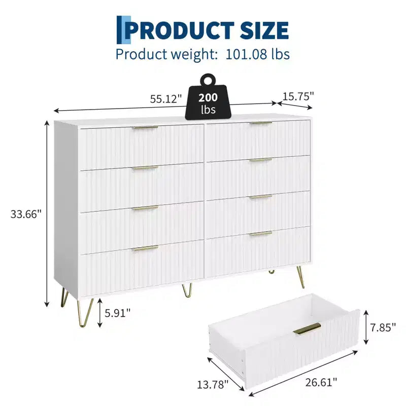 Modern Wood Dresser with 8 Fluted Drawers, Large Storage Chest with Metal Handles, Anti-Tip Bedroom Dresser for Bedroom, Living Room, Hallway