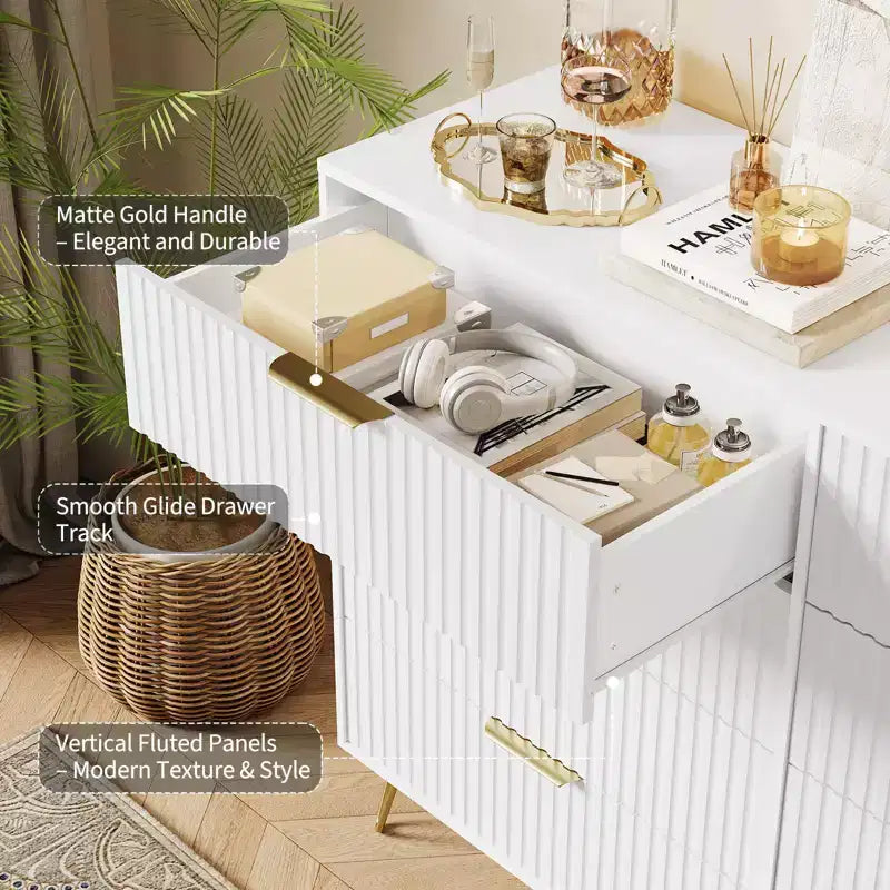 Modern Wood Dresser with 8 Fluted Drawers, Large Storage Chest with Metal Handles, Anti-Tip Bedroom Dresser for Bedroom, Living Room, Hallway