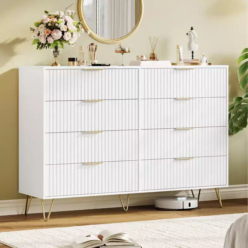 Modern Wood Dresser with 8 Fluted Drawers, Large Storage Chest with Metal Handles, Anti-Tip Bedroom Dresser for Bedroom, Living Room, Hallway