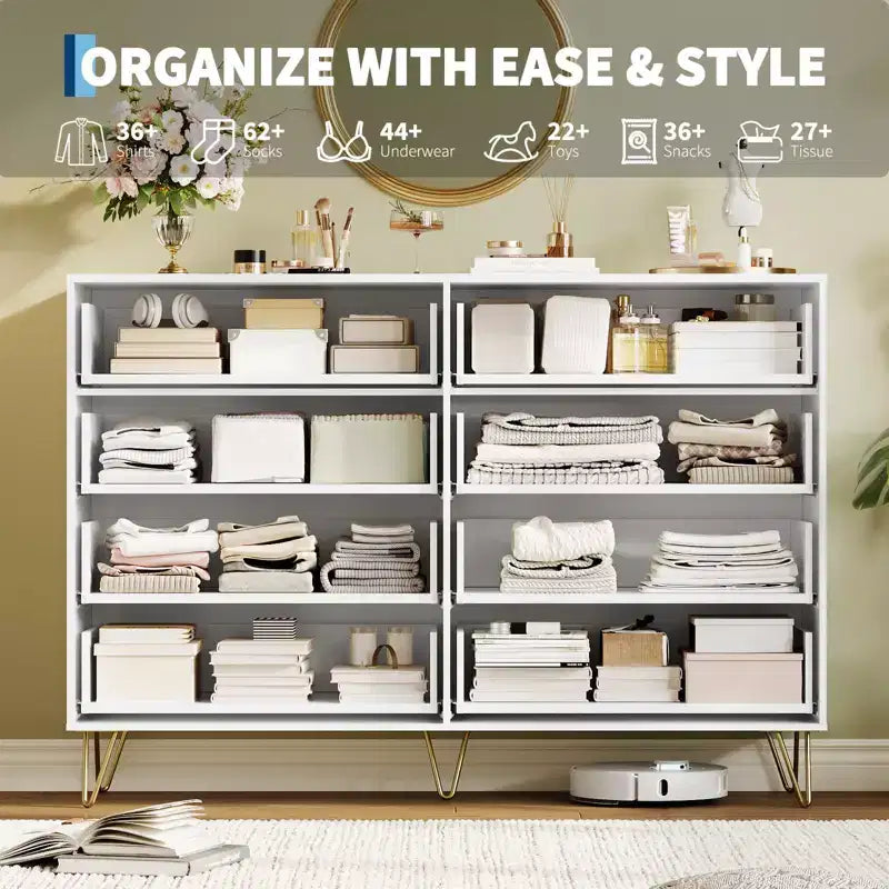 Modern Wood Dresser with 8 Fluted Drawers, Large Storage Chest with Metal Handles, Anti-Tip Bedroom Dresser for Bedroom, Living Room, Hallway