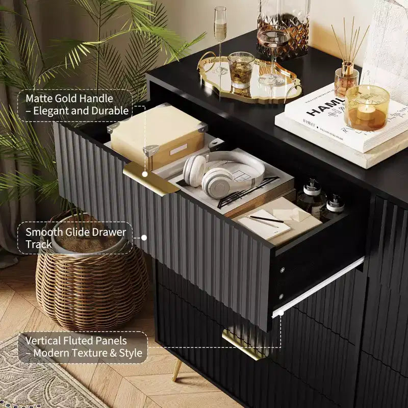 Modern Wood Dresser with 8 Fluted Drawers, Large Storage Chest with Metal Handles, Anti-Tip Bedroom Dresser for Bedroom, Living Room, Hallway