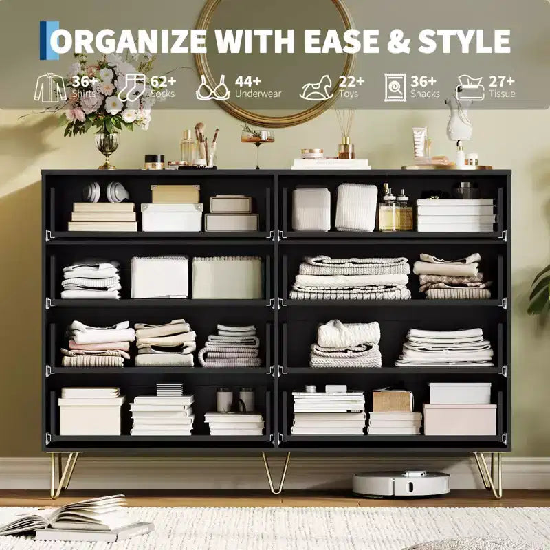 Modern Wood Dresser with 8 Fluted Drawers, Large Storage Chest with Metal Handles, Anti-Tip Bedroom Dresser for Bedroom, Living Room, Hallway