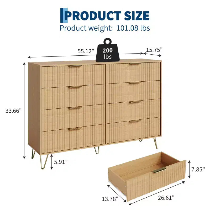 Modern Wood Dresser with 8 Fluted Drawers, Large Storage Chest with Metal Handles, Anti-Tip Bedroom Dresser for Bedroom, Living Room, Hallway
