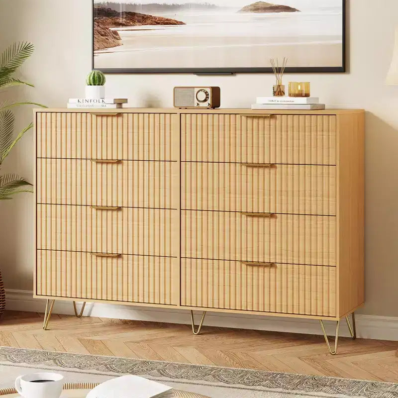 Modern Wood Dresser with 8 Fluted Drawers, Large Storage Chest with Metal Handles, Anti-Tip Bedroom Dresser for Bedroom, Living Room, Hallway