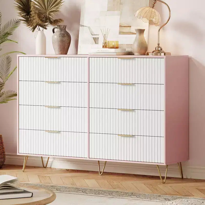 Modern Wood Dresser with 8 Fluted Drawers, Large Storage Chest with Metal Handles, Anti-Tip Bedroom Dresser for Bedroom, Living Room, Hallway