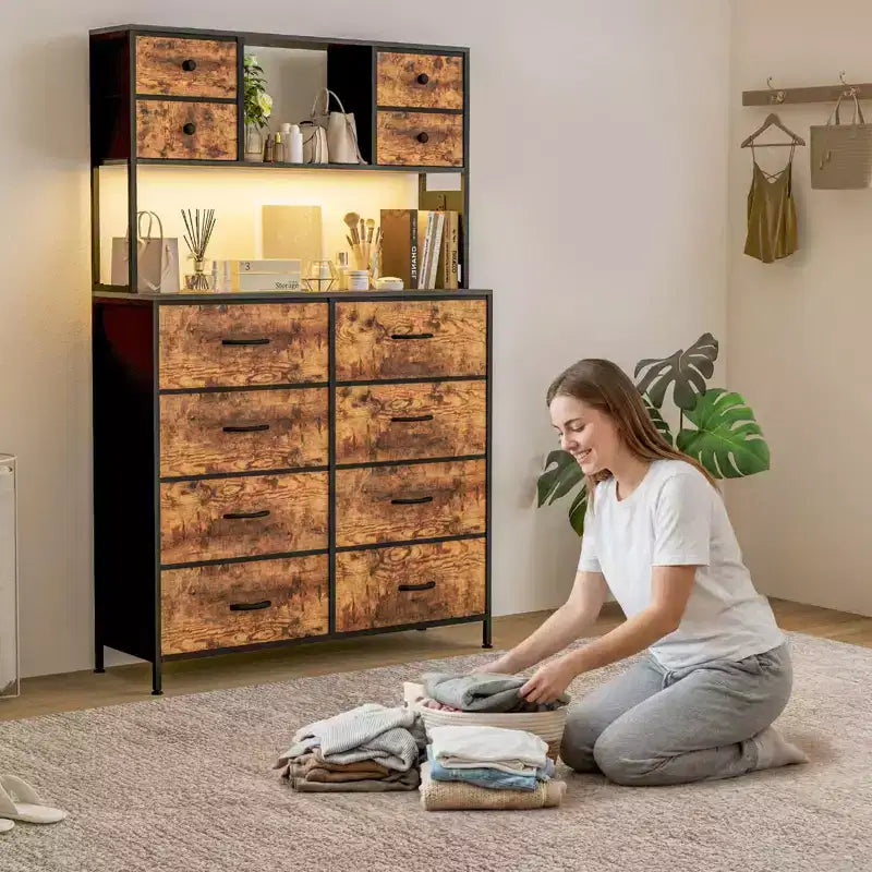 Dresser for Bedroom, 12-Drawer Fabric Chest with Lighting, Power Outlet and Open Shelves, Wood Top & Metal Frame