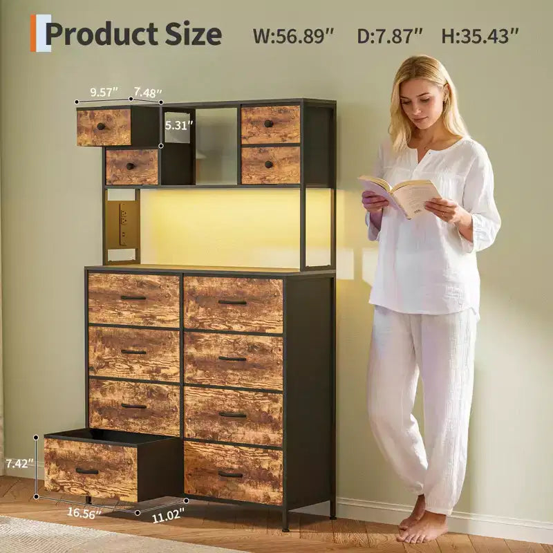 Dresser for Bedroom, 12-Drawer Fabric Chest with Lighting, Power Outlet and Open Shelves, Wood Top & Metal Frame